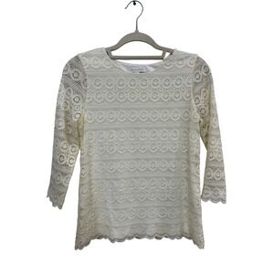 Charter Club‎ Womens Petite Lace Blouse Cream 3/4 Sleeve Scalloped Hem Top PS